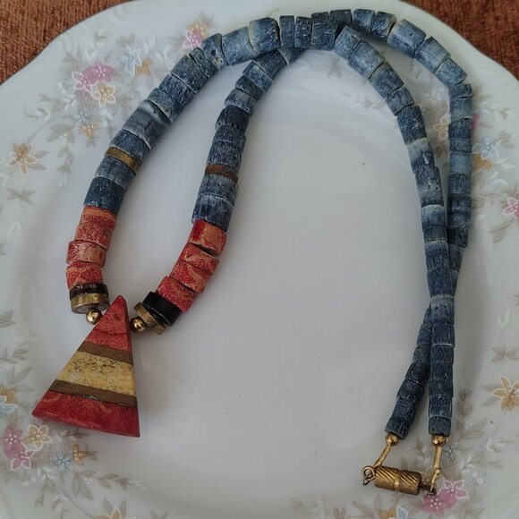 Vtg Santo Blue Orange Natural Heishi Coral Kewa Pueblo Native American Necklace - Picture 2 of 9
